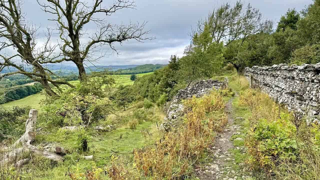 Open countryside and village scenery on the longer Leyburn Shawl walk via Castle Bolton.