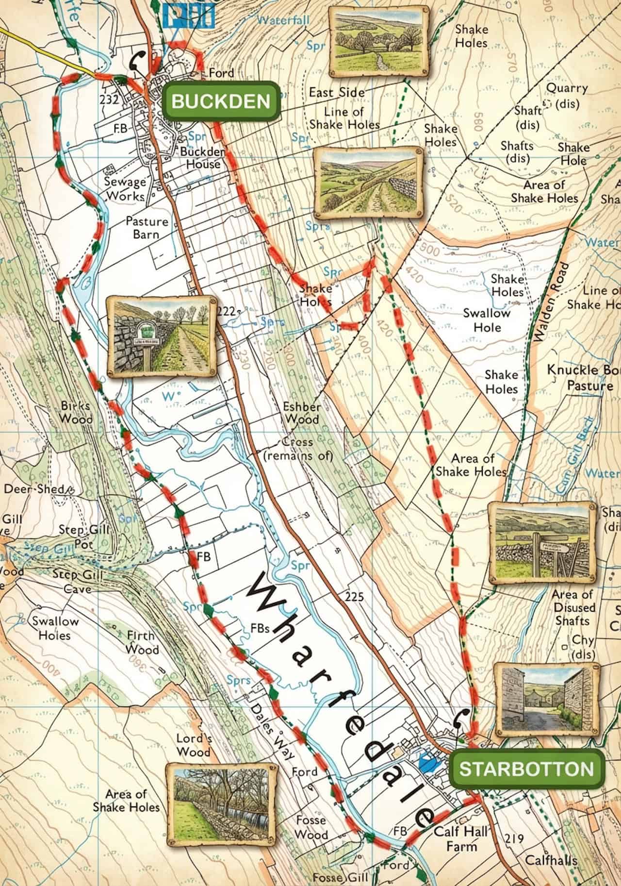Map of Buckden to Starbotton route for guided walks in Wharfedale.