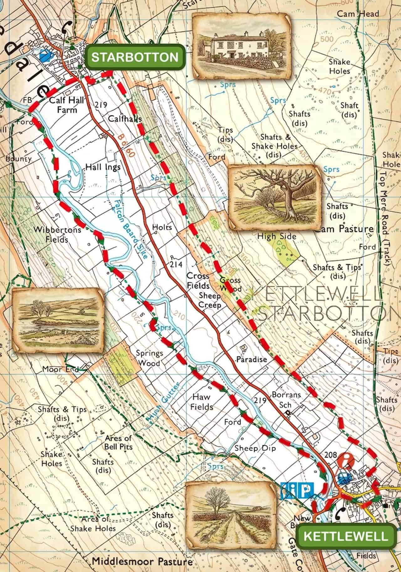 Map of Kettlewell to Starbotton route for planning local walks.