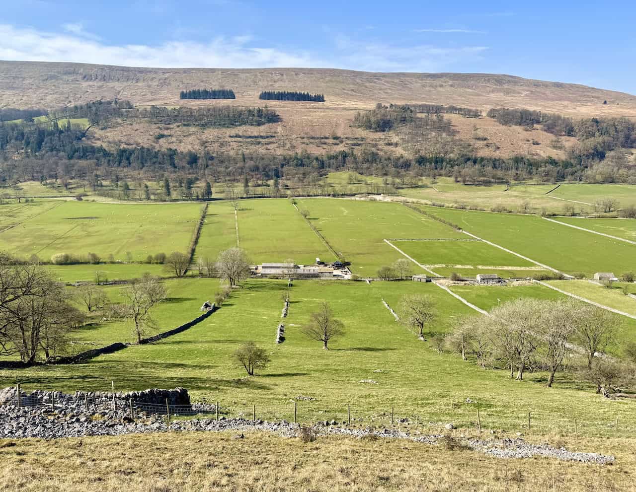 View west across the Wharfedale valley from a high-level path.