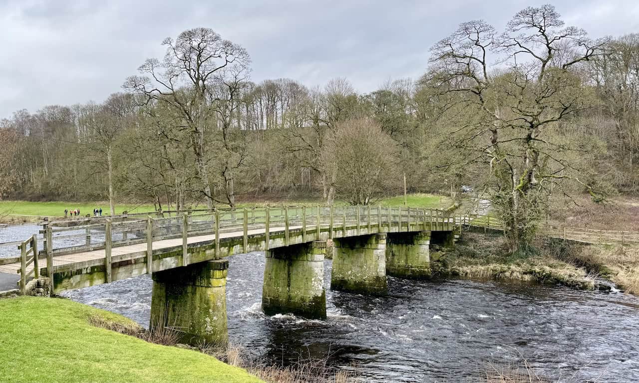 Wooden Bridge crossing the River Wharfe on the Barden Bridge walk.