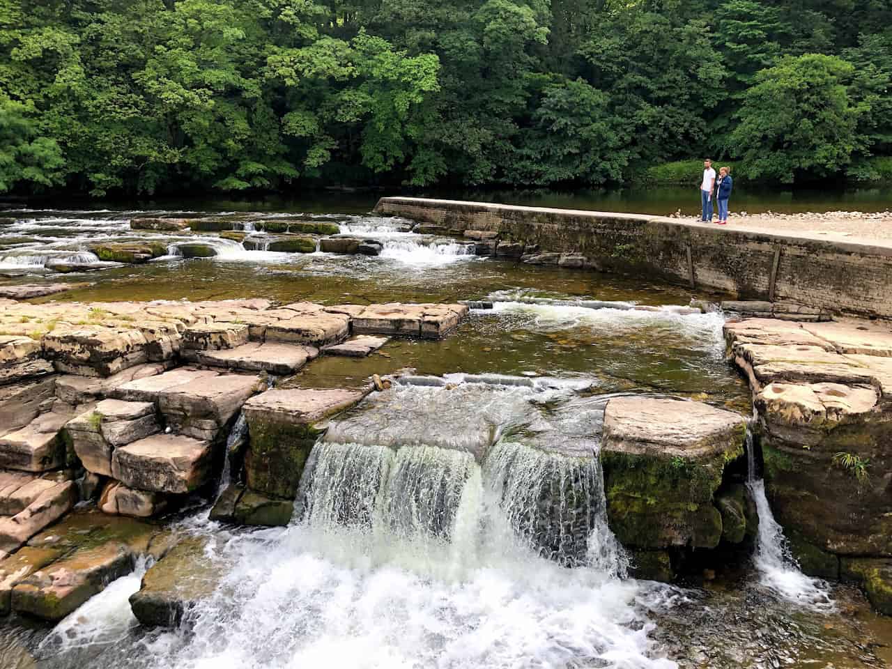Easby Loop view of Richmond Falls on the River Swale in Richmond town centre.