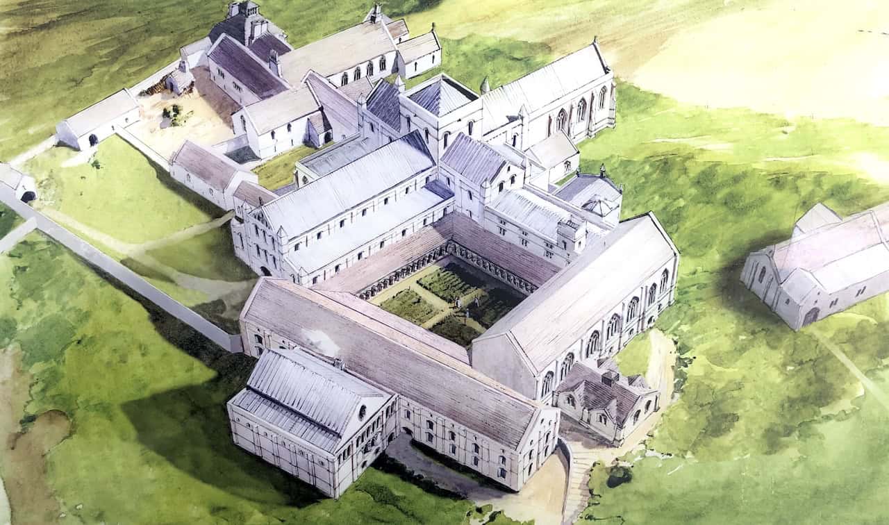 Easby Loop interpretation panel showing a reconstruction of Easby Abbey circa 1537.