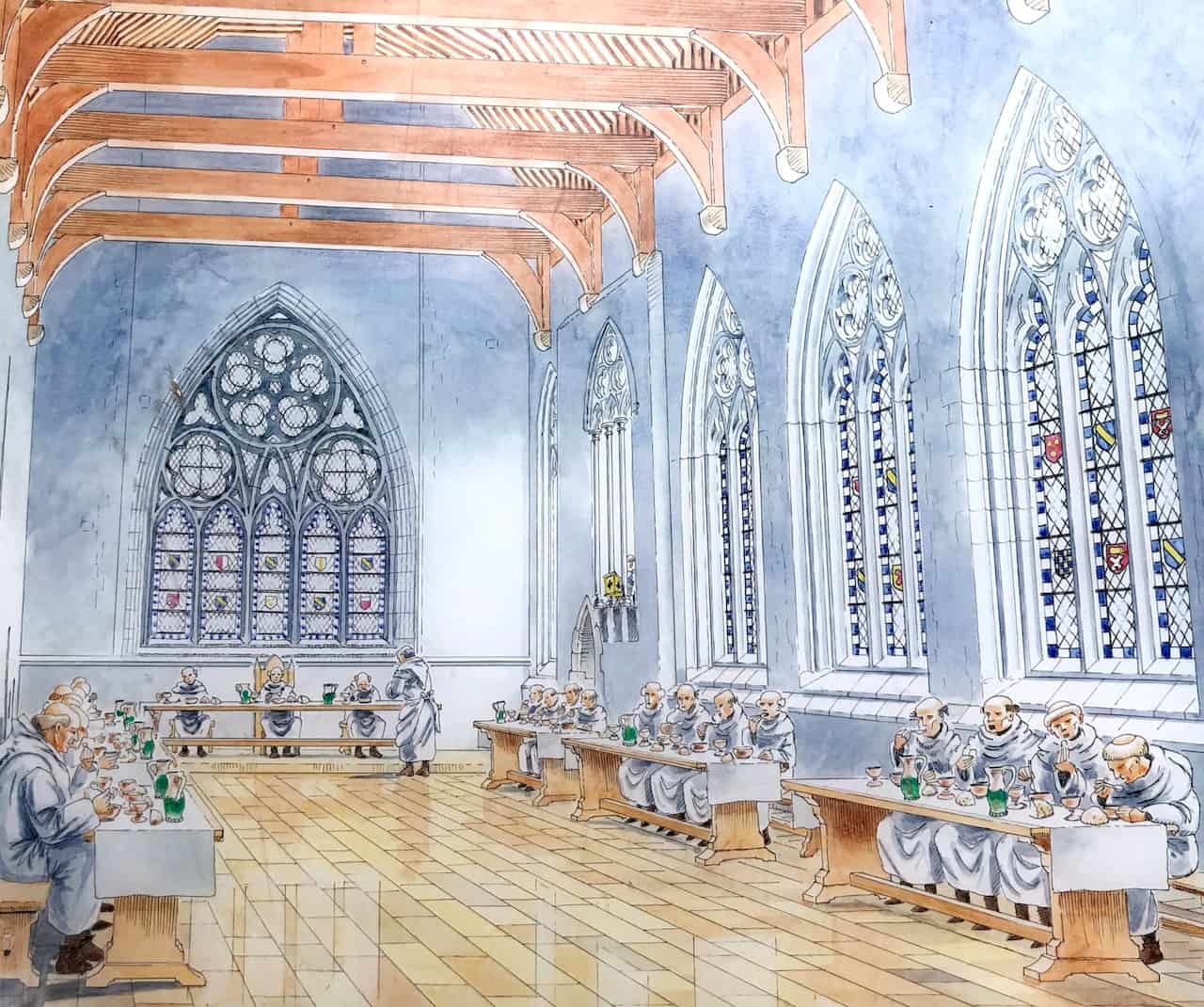 Interpretation panel with a reconstruction of the refectory at Easby Abbey.