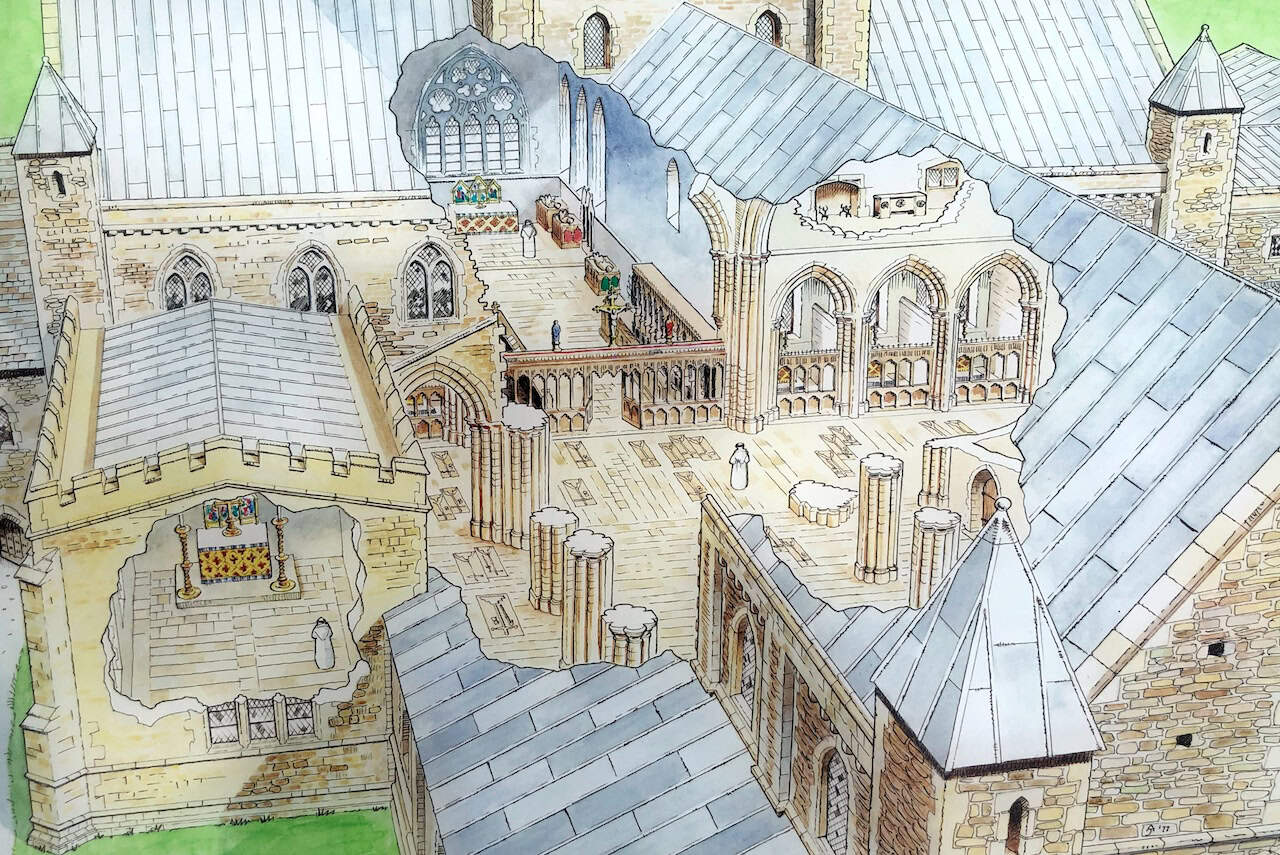 Easby Loop interpretation panel reconstructing the abbey church at Easby in the later Middle Ages.