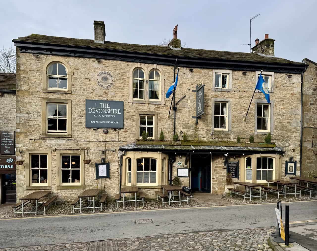 The front facade of the Devonshire Arms in Grassington, one of the town's most well-known pubs and a filming location for All Creatures Great and Small.