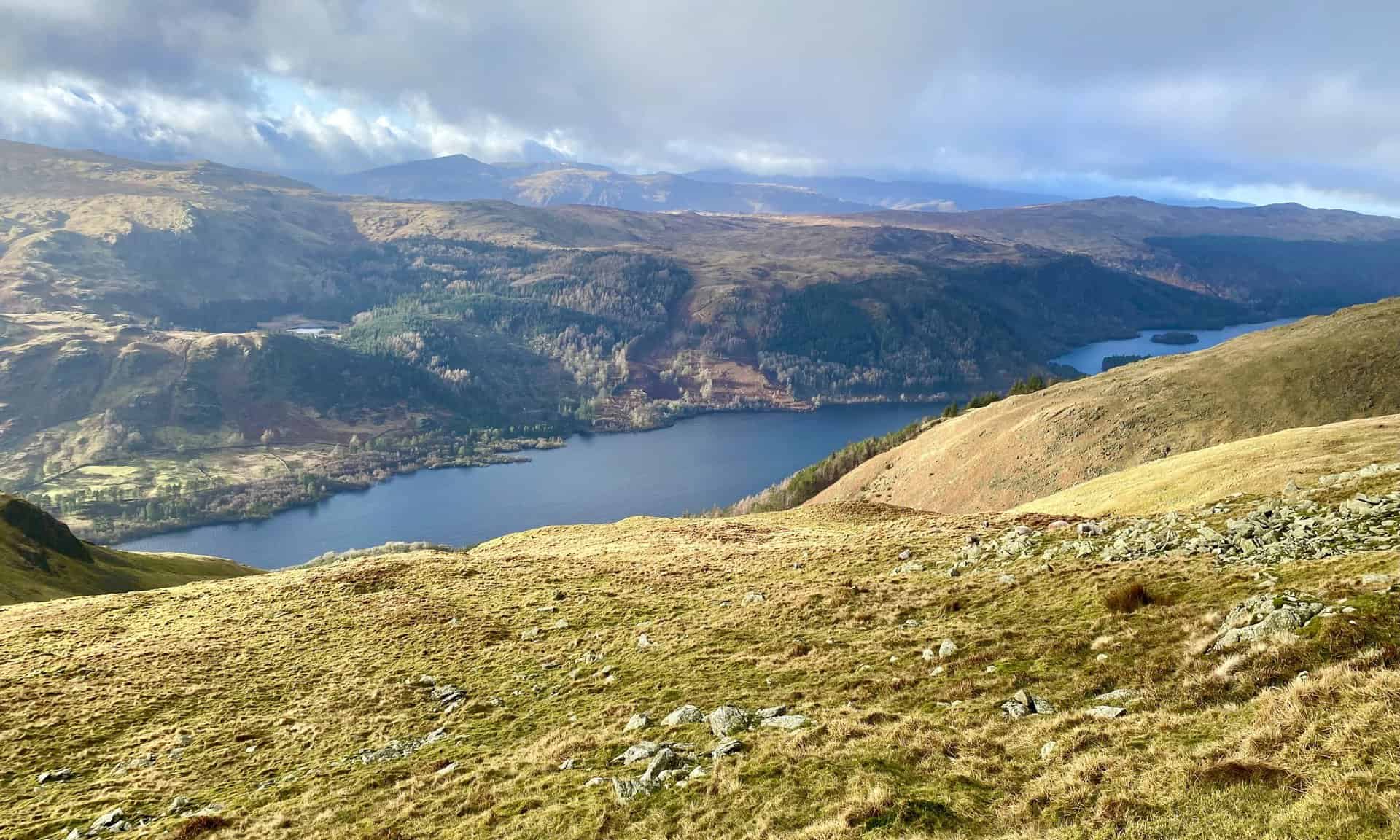 Harrop Tarn on the far side of Thirlmere during the Helvellyn from Swirls descent.
