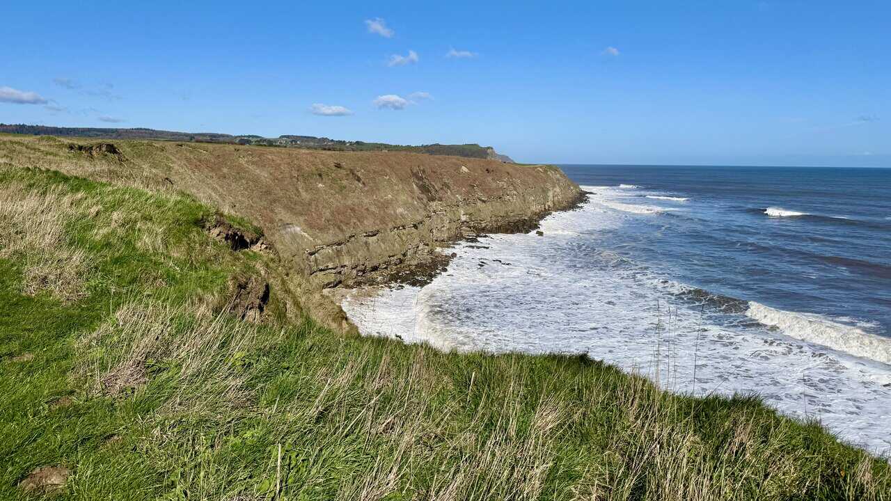 Stepped clifftop path above Hundale Point, with bright yellow gorse against green grass and deep blue sea.