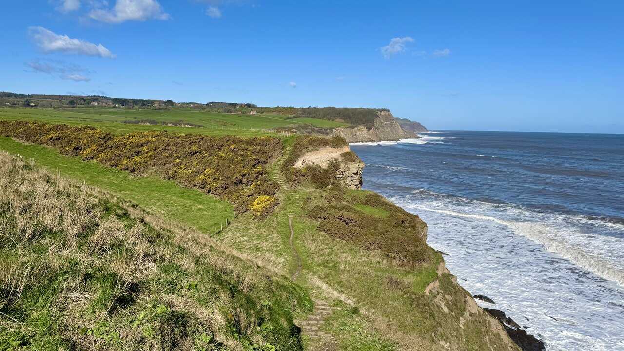 Northward view from the Cloughton Wyke walk towards The Hundales, with tall layered cliffs receding into the distance above a white, churning sea.