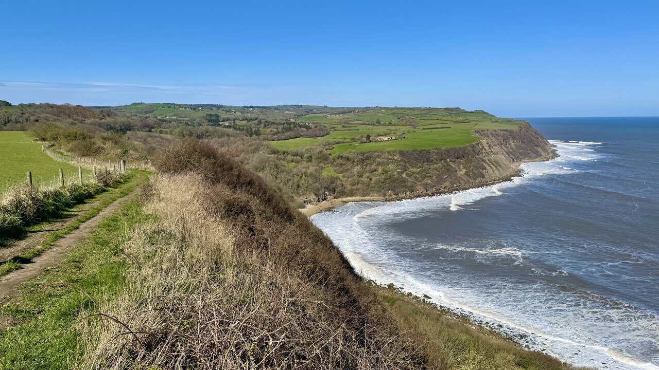 Path above Little Cliff on the Cloughton Wyke walk, with the coastline stretching ahead towards Hayburn Wyke.