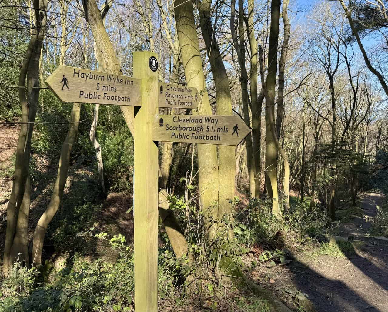 Fingerpost in the woods on the Cloughton Wyke walk, showing routes to the Hayburn Wyke Inn, Scarborough and Ravenscar.