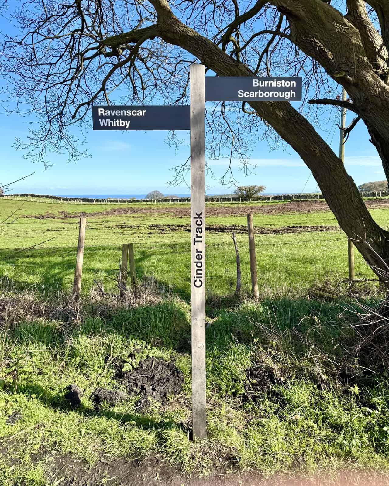 Cinder Track signpost on the Cloughton Wyke walk pointing south towards Burniston and Scarborough, with farmland on both sides and the sea on the horizon.