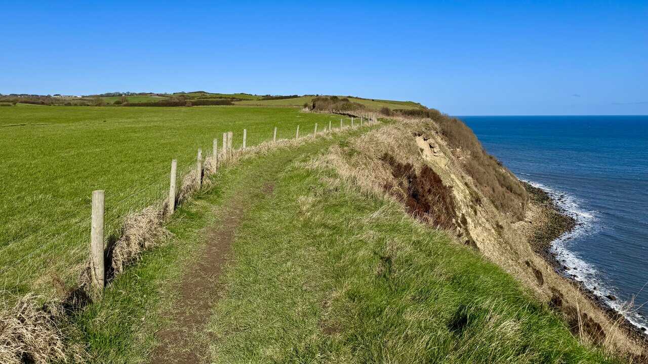 Wide stretch of the Cleveland Way along the clifftop, with fields to one side and the North Sea to the other. A memorable moment on the Hayburn Wyke walk.