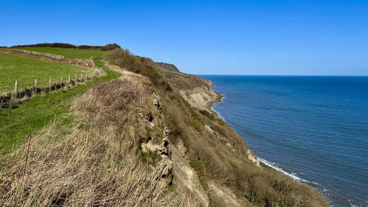 North Yorkshire coastline looking north from the clifftop path, with layered cliffs above the rocky shore. A lovely scene along the Hayburn Wyke walk.