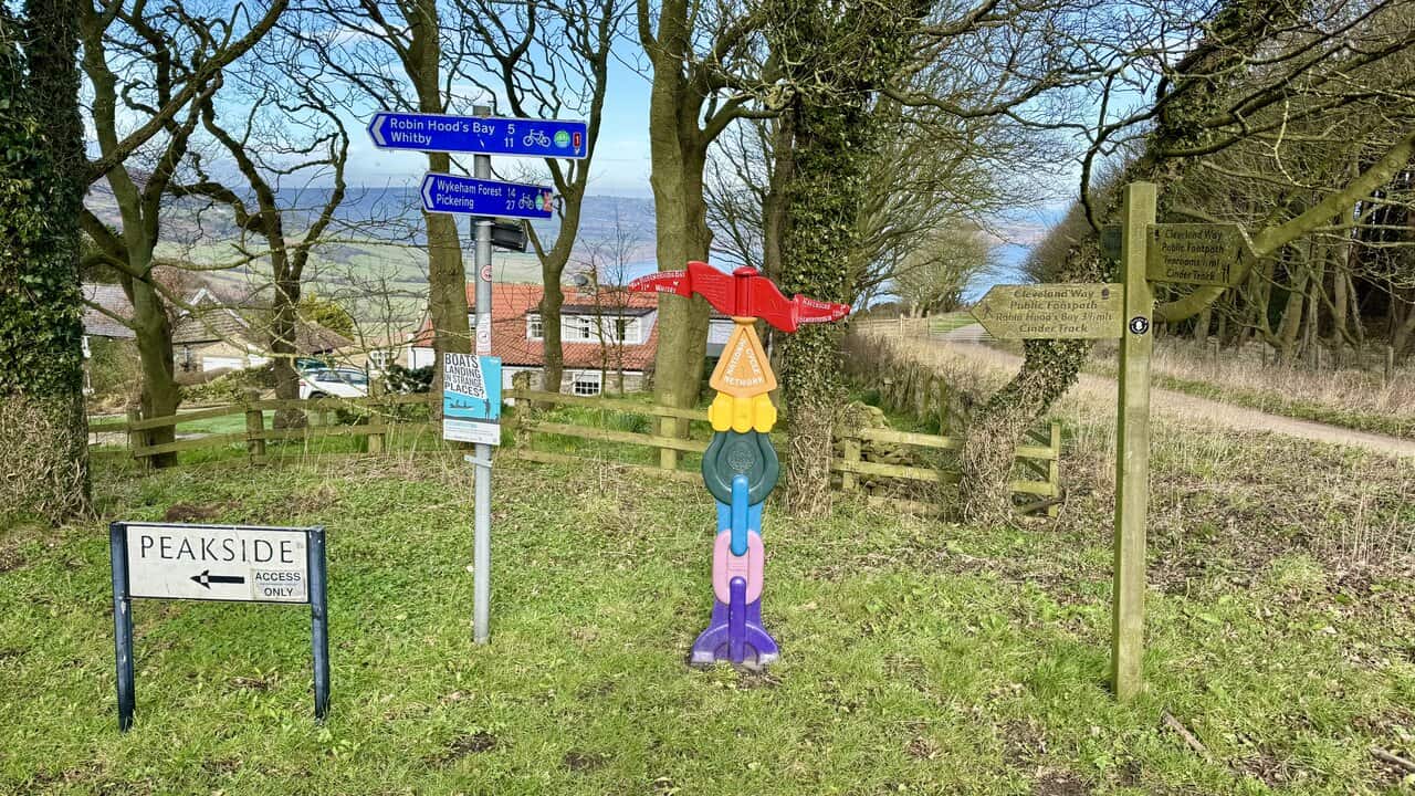 Signposts at Ravenscar showing the Cleveland Way to Robin Hood’s Bay and the Cinder Track, marking the start of the circular walking route.