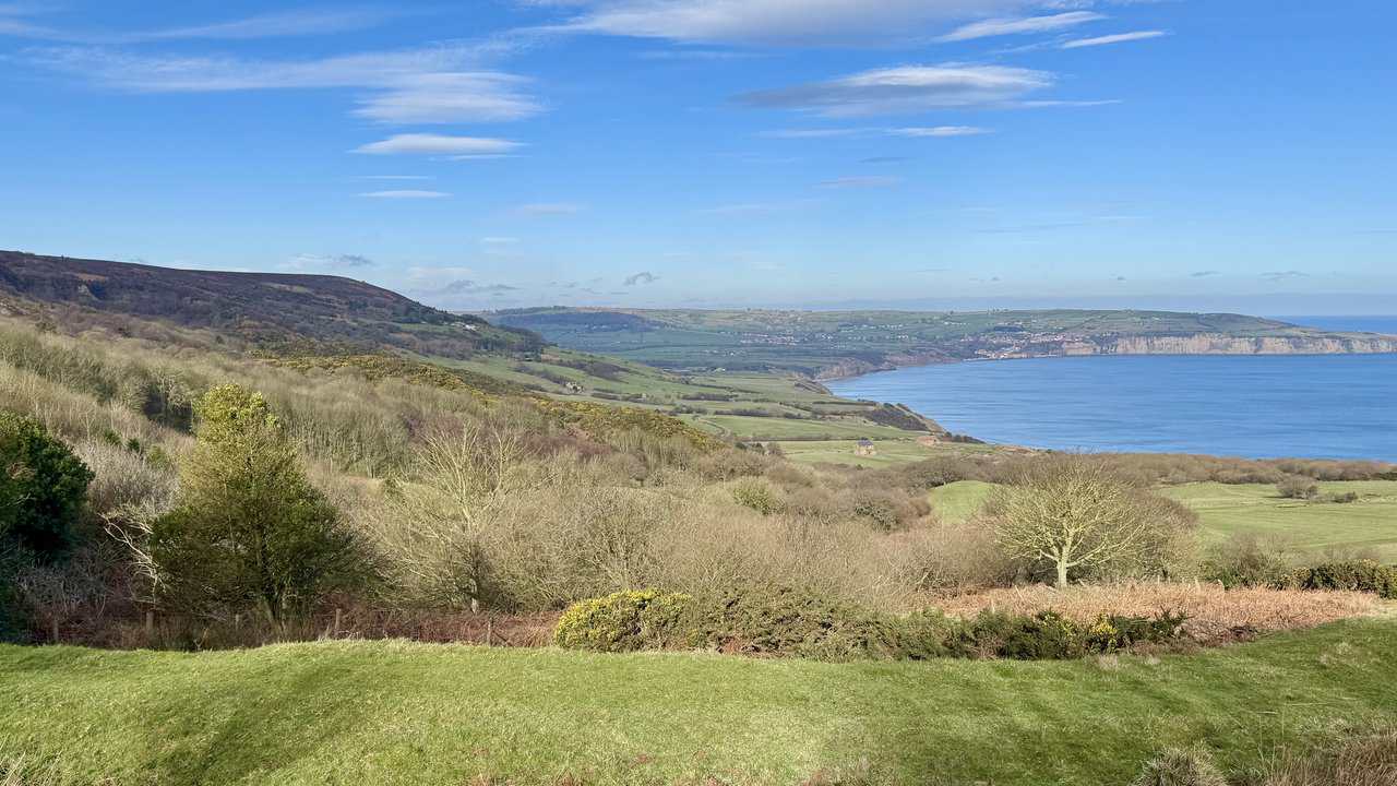 View east from the clifftop path, with the dark slopes of Stoupe Brow rising above a patchwork of fields and bare trees beside the coast.