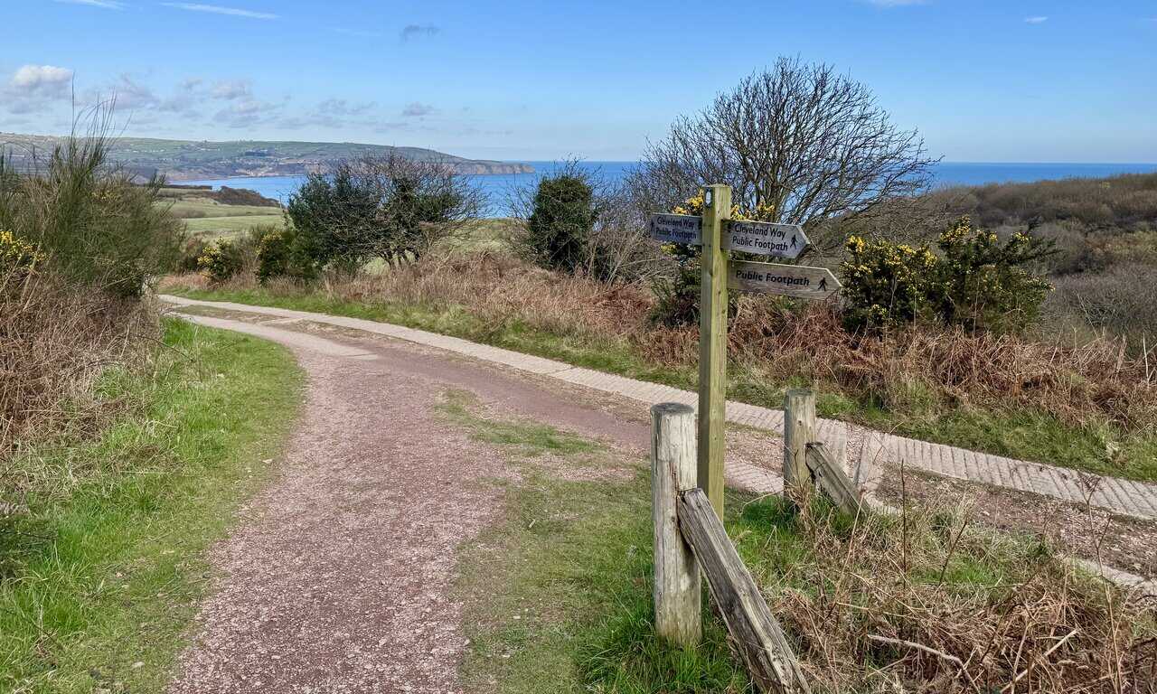 Concrete Cleveland Way track crossing open bracken towards the coast, with the shoreline stretching north under a blue spring sky.