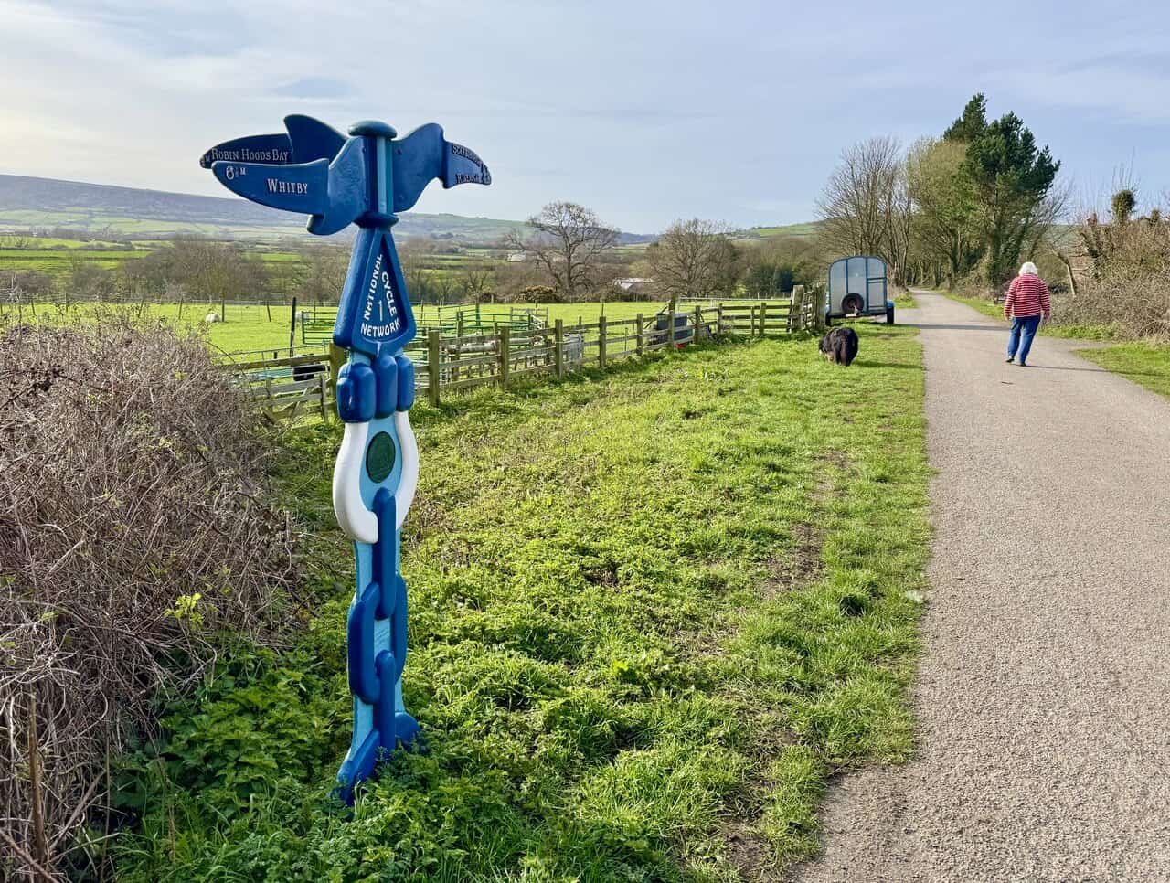 Blue National Cycle Network Route 1 sign on the Cinder Track during the Robin Hood's Bay walk.