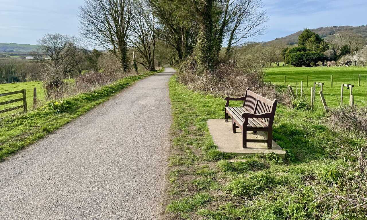 Bench beside the Cinder Track overlooking open fields and mature trees south of the village.