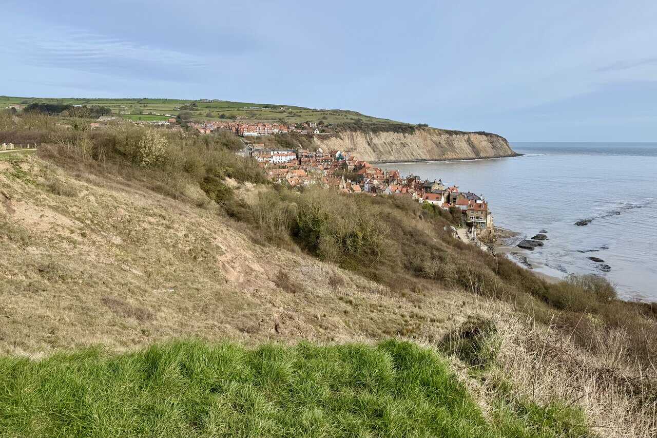 Clifftop view of Robin Hood’s Bay village and sea on the Robin Hood's Bay walk.