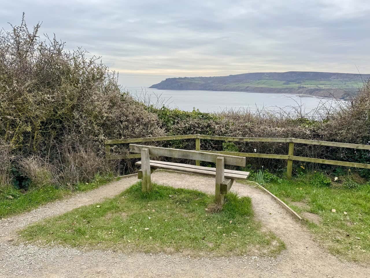 Clifftop bench with sweeping view back across the bay on the Robin Hood's Bay walk.
