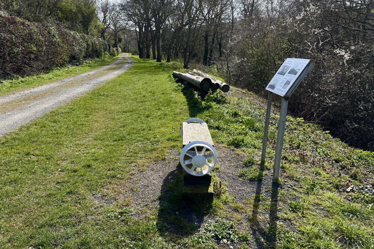 Information board on the Runswick Bay walk beside the former tramway describing the Grinkle Mine connection to Charles Mark Palmer and HMS Queen Mary.