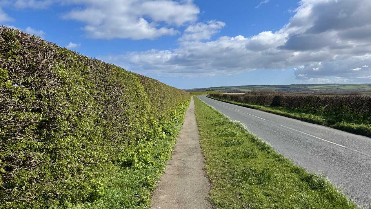 Straight roadside footpath from Hinderwell towards Runswick Bay, bordered by a tall hedge on one side and open farmland views on the other.