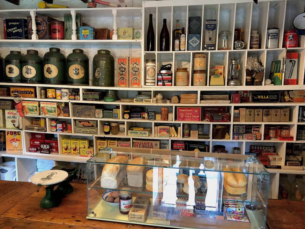 Shelves and displays inside the 1950s Village Store, showing the limited but essential range of goods available to a moorland community before the arrival of supermarkets and modern retail.