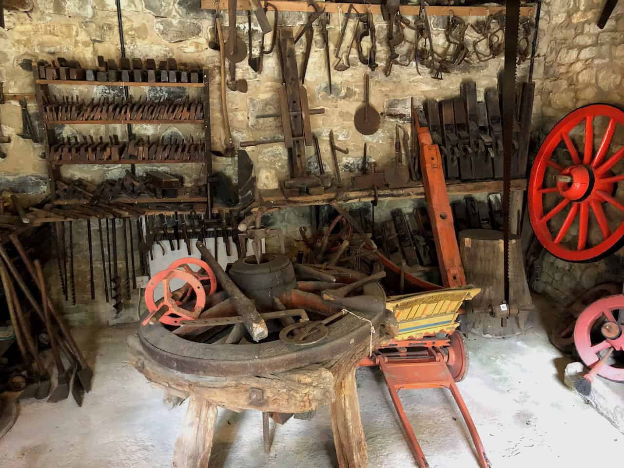 The Wheelwright and Wainwright's Workshop at Ryedale Folk Museum, where visitors can see the specialist tools used to craft the spokes, felloes, and hubs of wooden wheels for carts, wagons, and farm machinery.