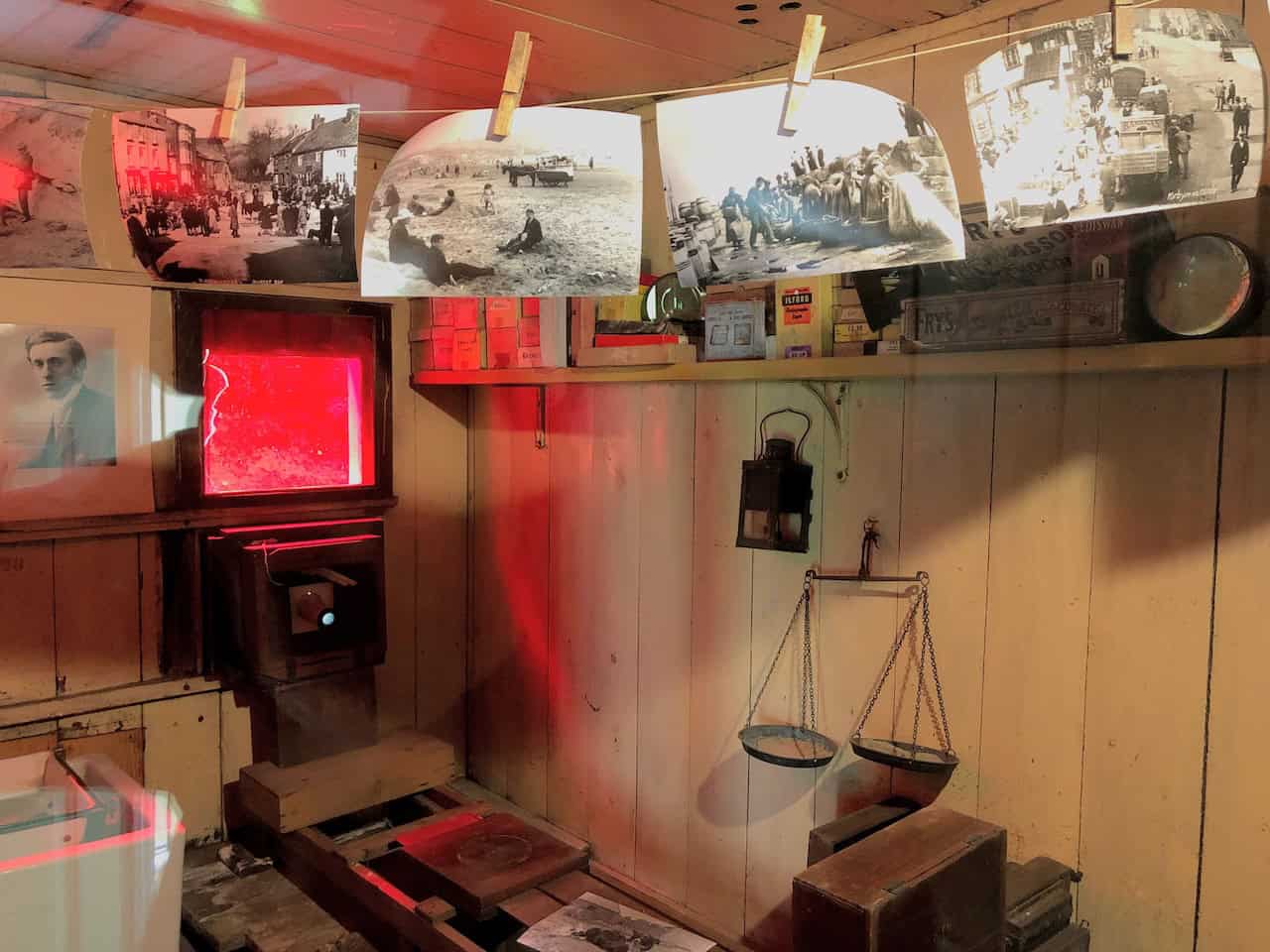 Inside the William Hayes Daylight Photographic Studio at Ryedale Folk Museum, where visitors can still step in to take their own Edwardian-style photographs, with the original darkroom and finishing room preserved on site.