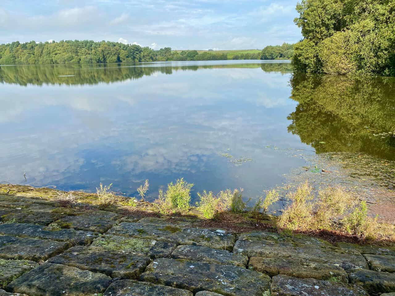 Still water at Lumley Moor Reservoir with a quiet and reflective atmosphere.