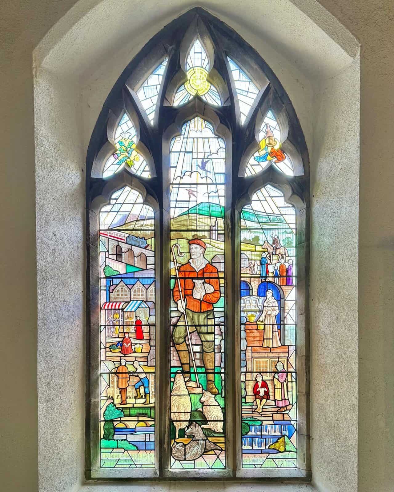 The millennium window inside St Margaret’s Church in Hawes, whose imagery helped inspire the Hawes Mosaic Trail.