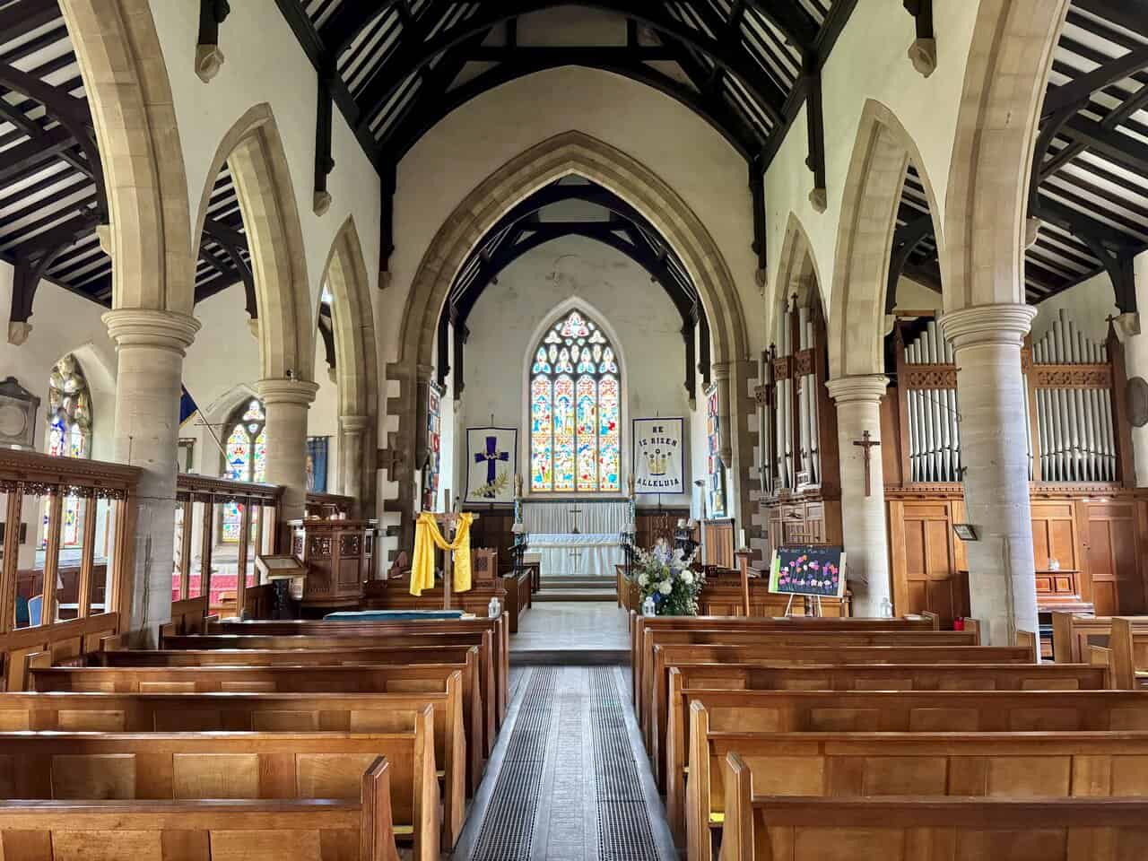 Interior view of St Margaret’s Church in Hawes, showing the peaceful historic setting visited at the end of the walk.