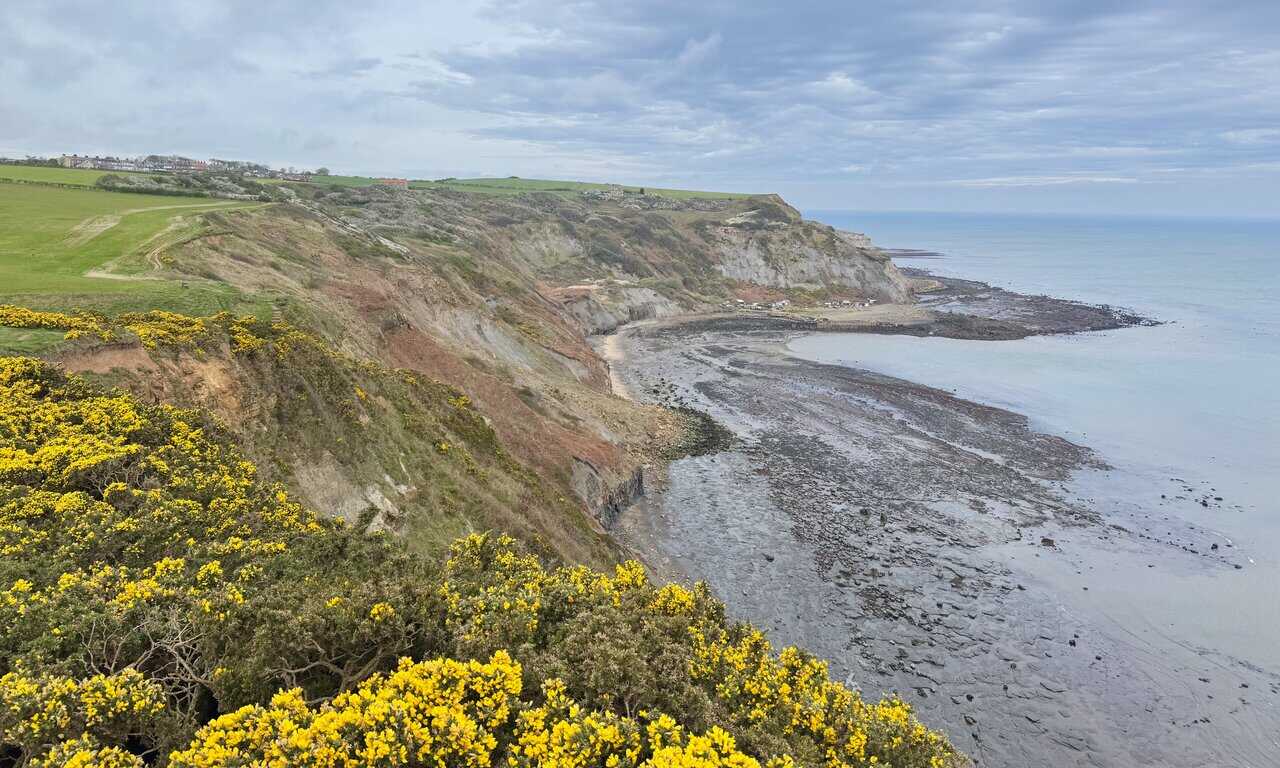 Wide coastal scenery on the Runswick Bay circular walk with steep cliffs, open sea and farmland above.