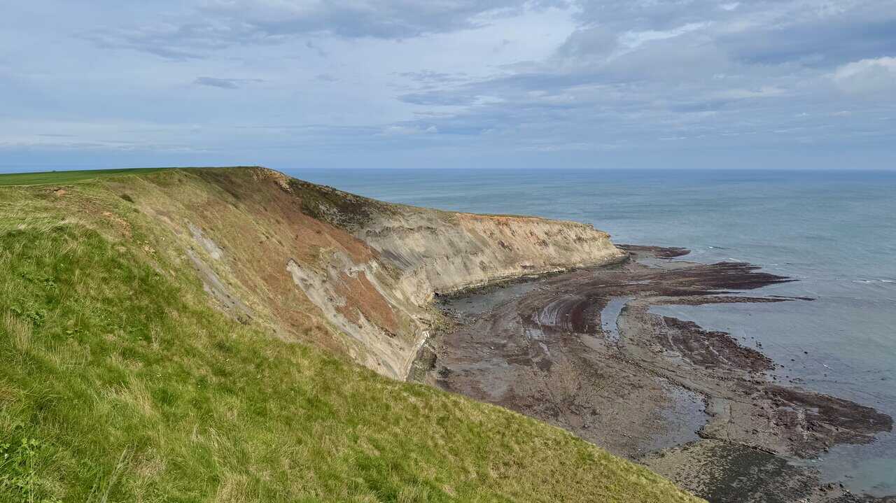 The layered rock formations at Old Nab give this part of the Runswick Bay circular walk a bold and rugged character.
