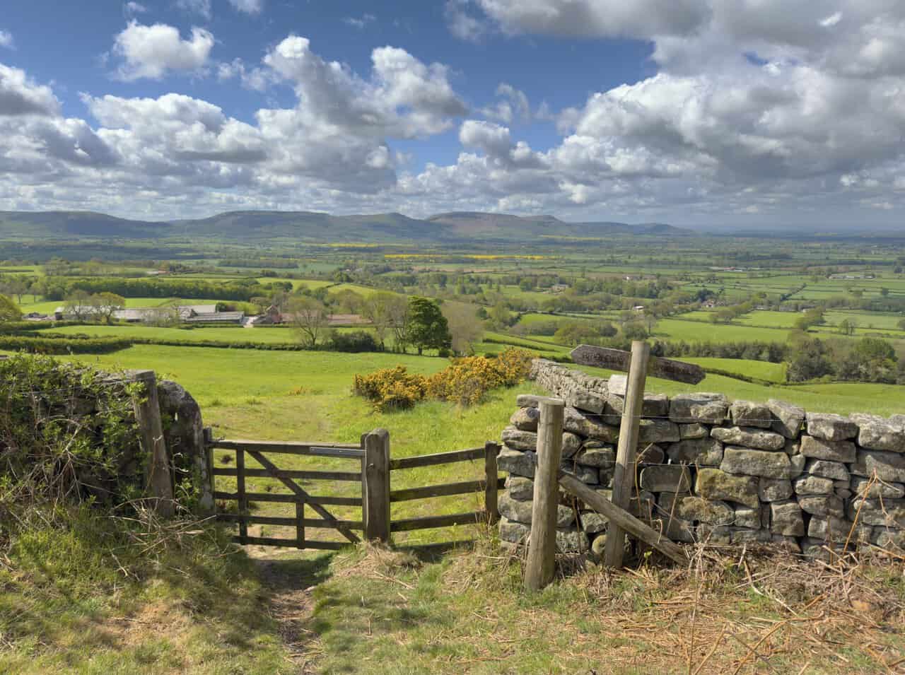 A footpath descends through a wooden gate in a dry stone wall towards Borough Green Farm, with farmland and the Cleveland Hills beyond.