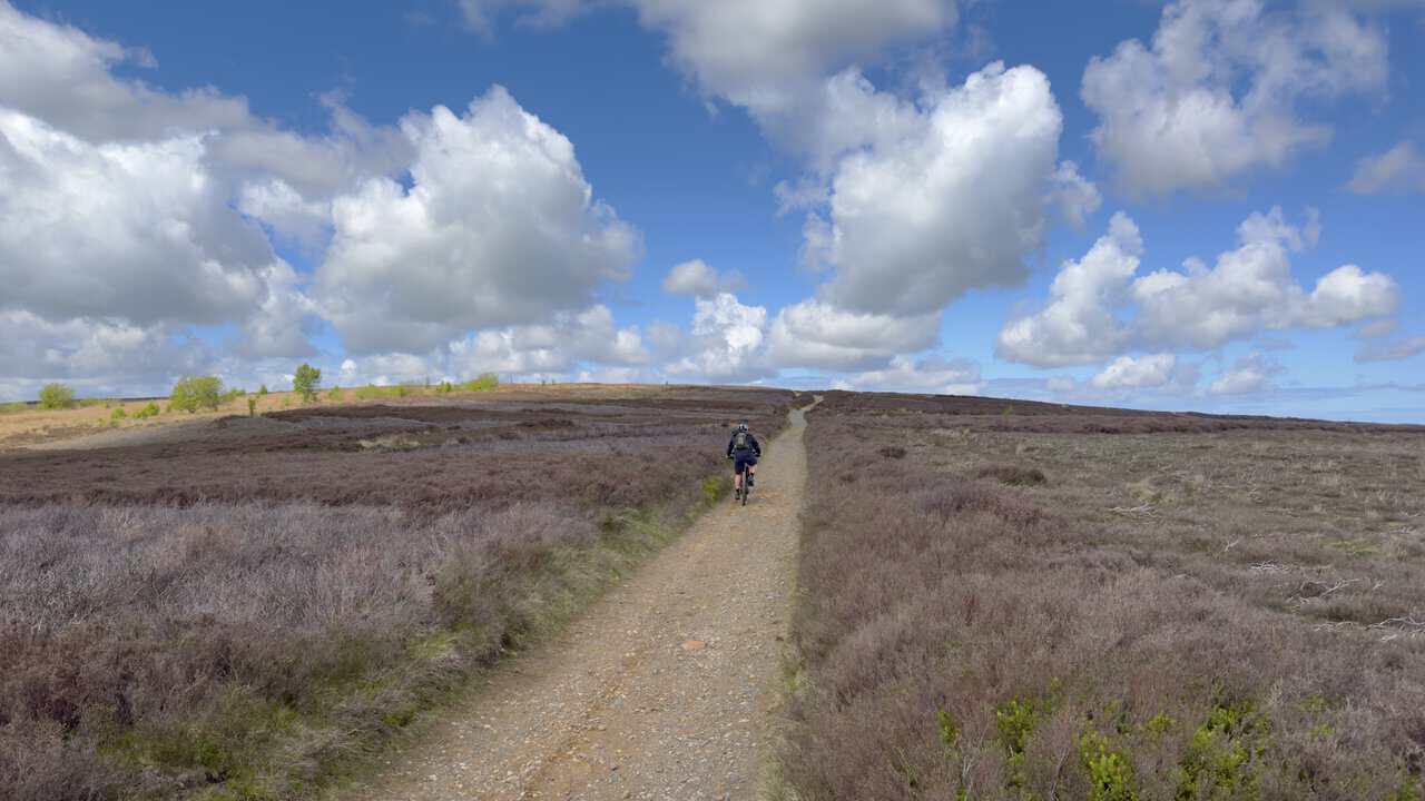 A broad stone bridleway crosses the open moorland of Percy Cross Rigg on the Great Ayton walk, offering wide skies and uninterrupted views.