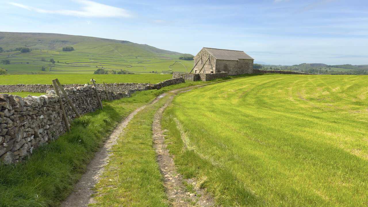 South-westerly view across High Field Lathe towards a stone barn, Barden Moor and the obelisk on Cracoe Fell.
