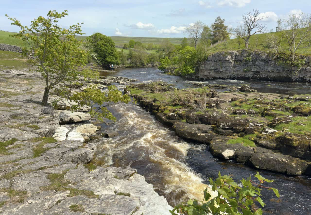 Ghaistrill's Strid on the River Wharfe near Grassington, where the water is squeezed through a narrow channel in the limestone bedrock.
