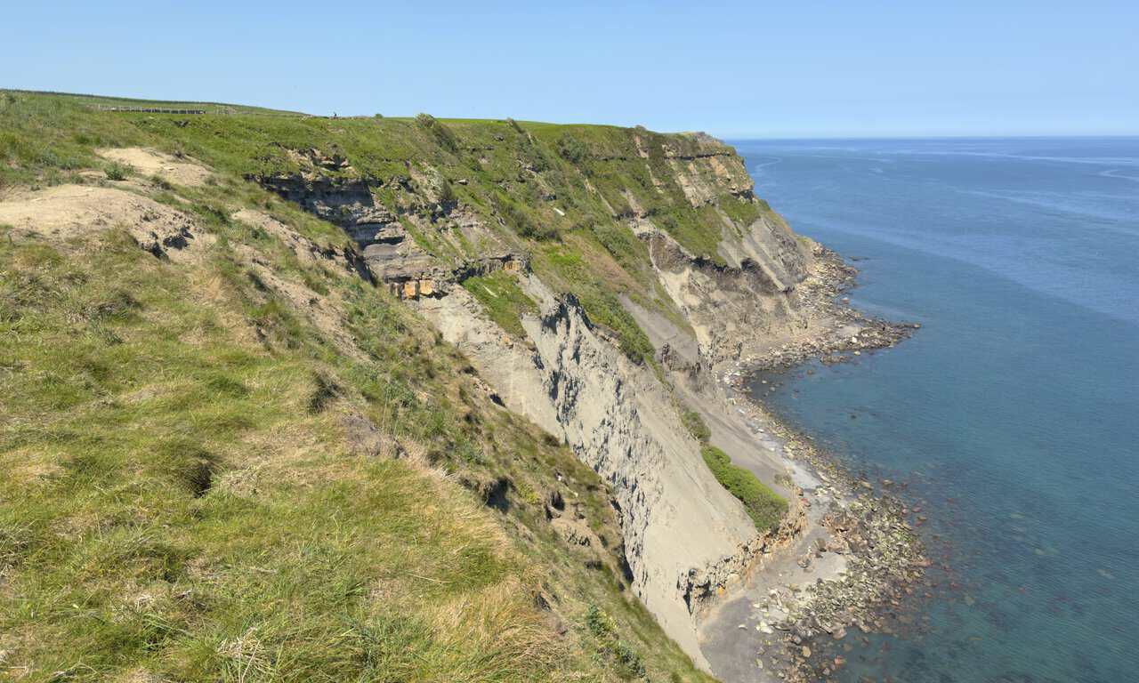 The Cleveland Way follows the grassy clifftops above Normanby Stye Batts, with pale rock and a stony shore far below.