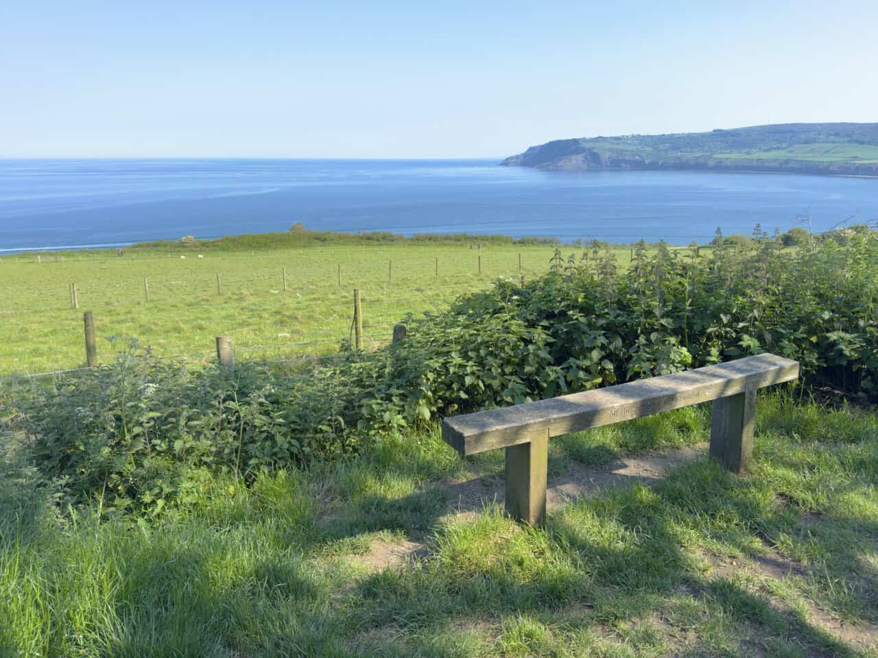 A wooden bench above Robin Hood's Bay looks out across the fields and sea towards Ravenscar.