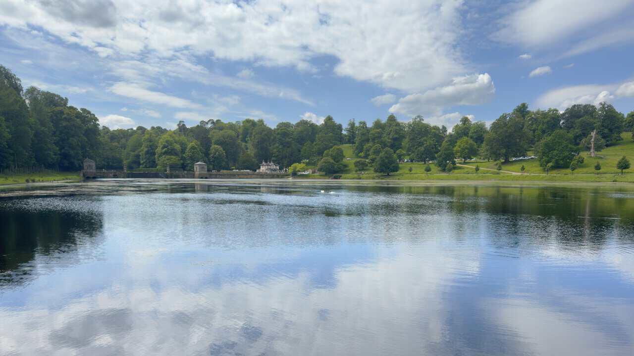 The Lake at Studley Royal Water Garden, with calm reflective water, lakeside buildings and a solitary swan.