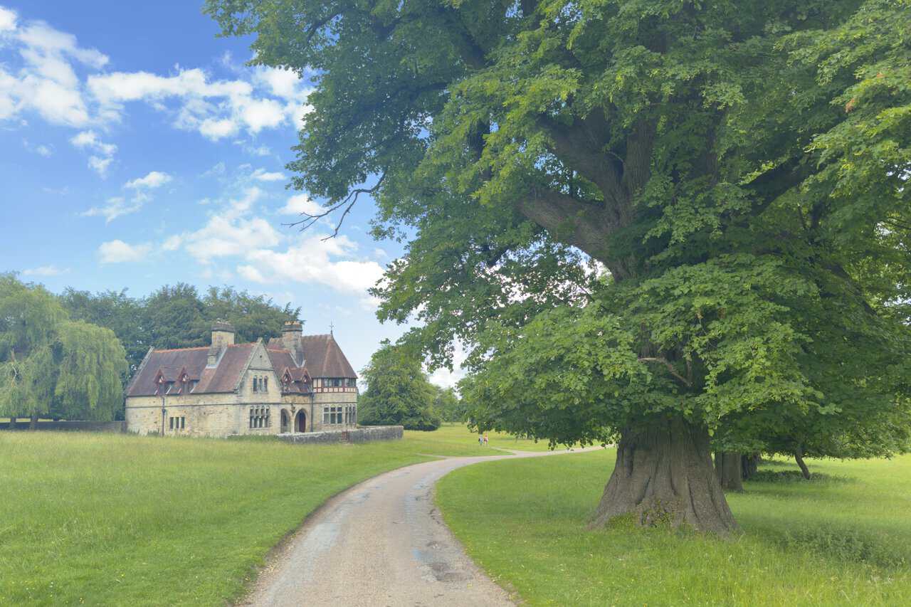 Choristers’ House on a Ripon walk through Studley Royal Deer Park, with red-tiled roofs, half-timbered gables and a turret.