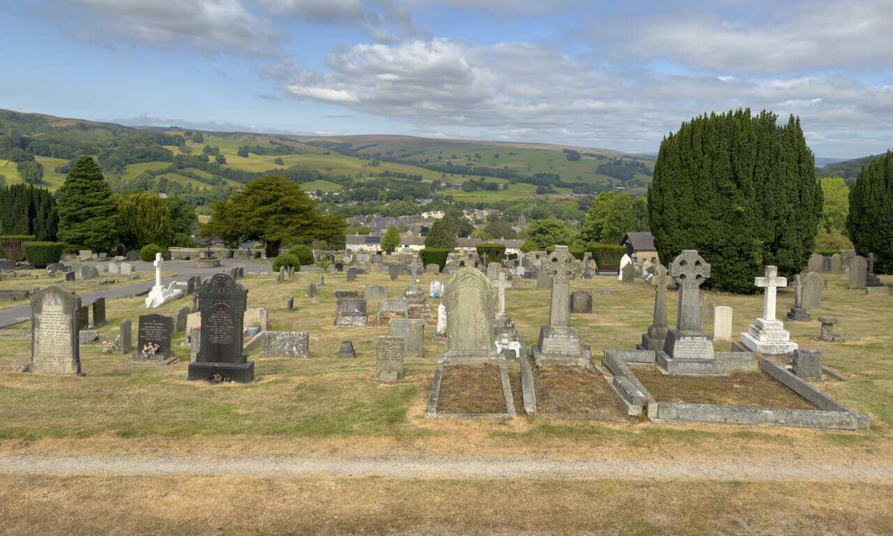 Pateley Bridge Cemetery overlooking the green valley and distant Nidderdale moors.