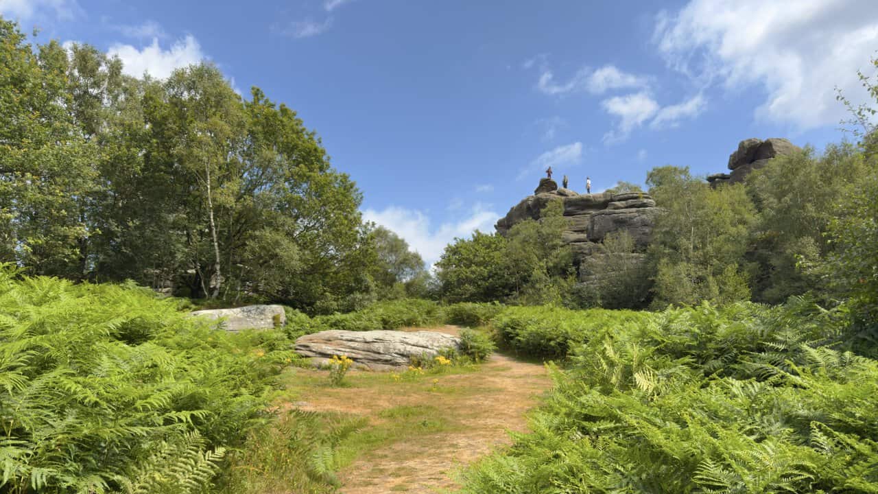 Visitors sitting on the first large gritstone outcrop encountered at Brimham Rocks.