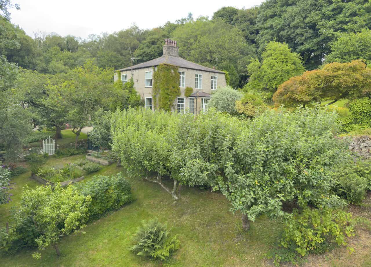 Ivy-covered stone house and terraced garden beside Fell Beck in Smelthouses.