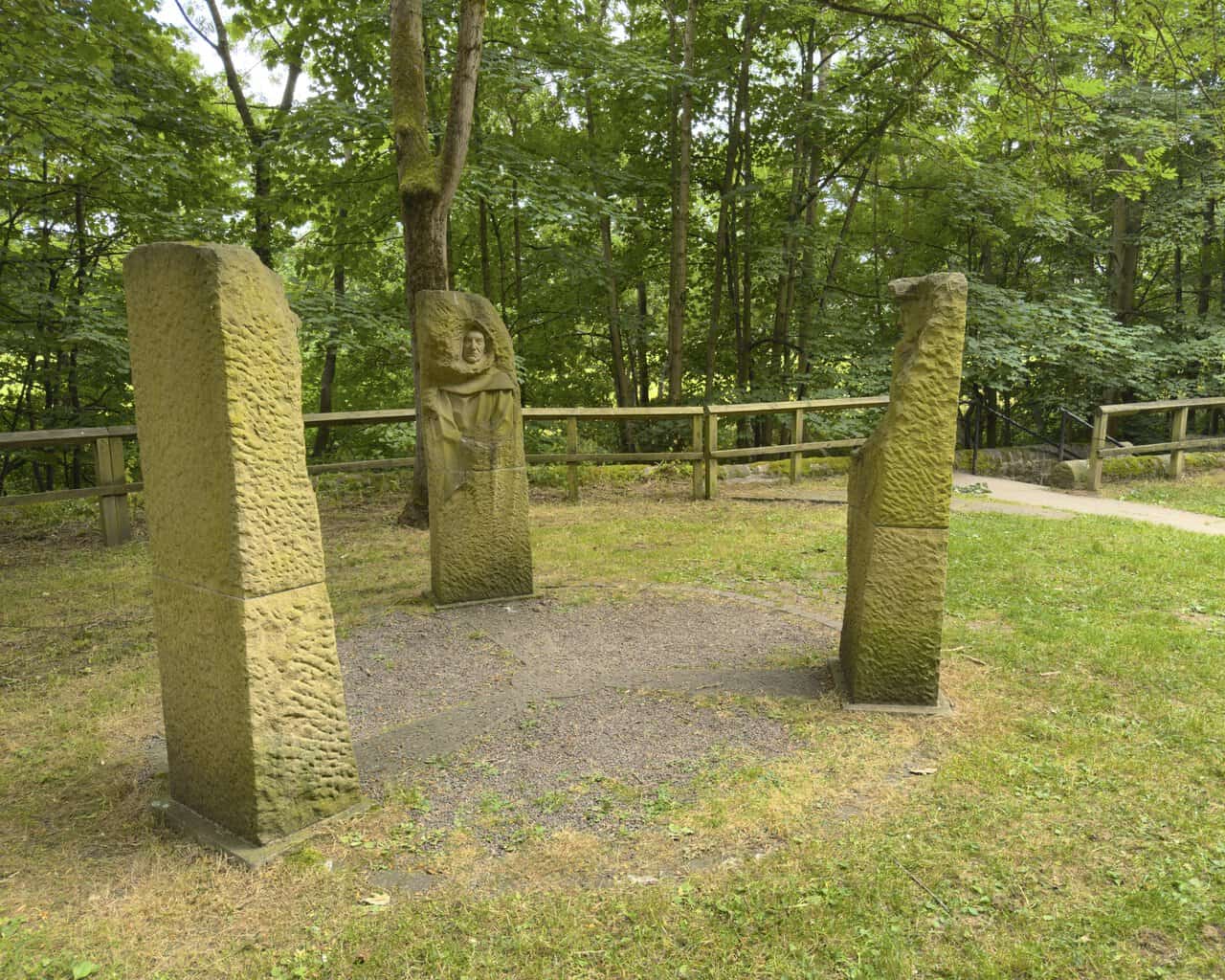 Lead miner, monk and shepherd sculptures representing local history near the end of the Brimham Rocks walk.
