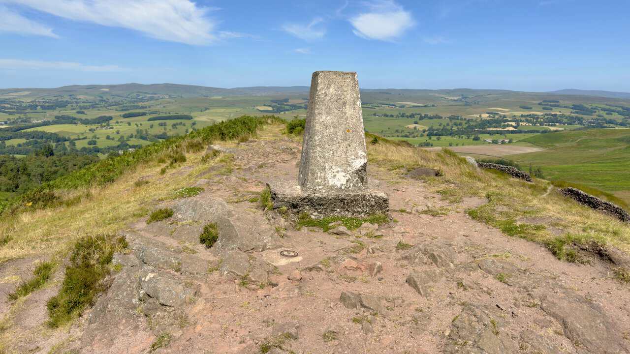 Concrete trig point on the summit of Sharp Haw at 357 metres, the highest point of the Skipton walk.