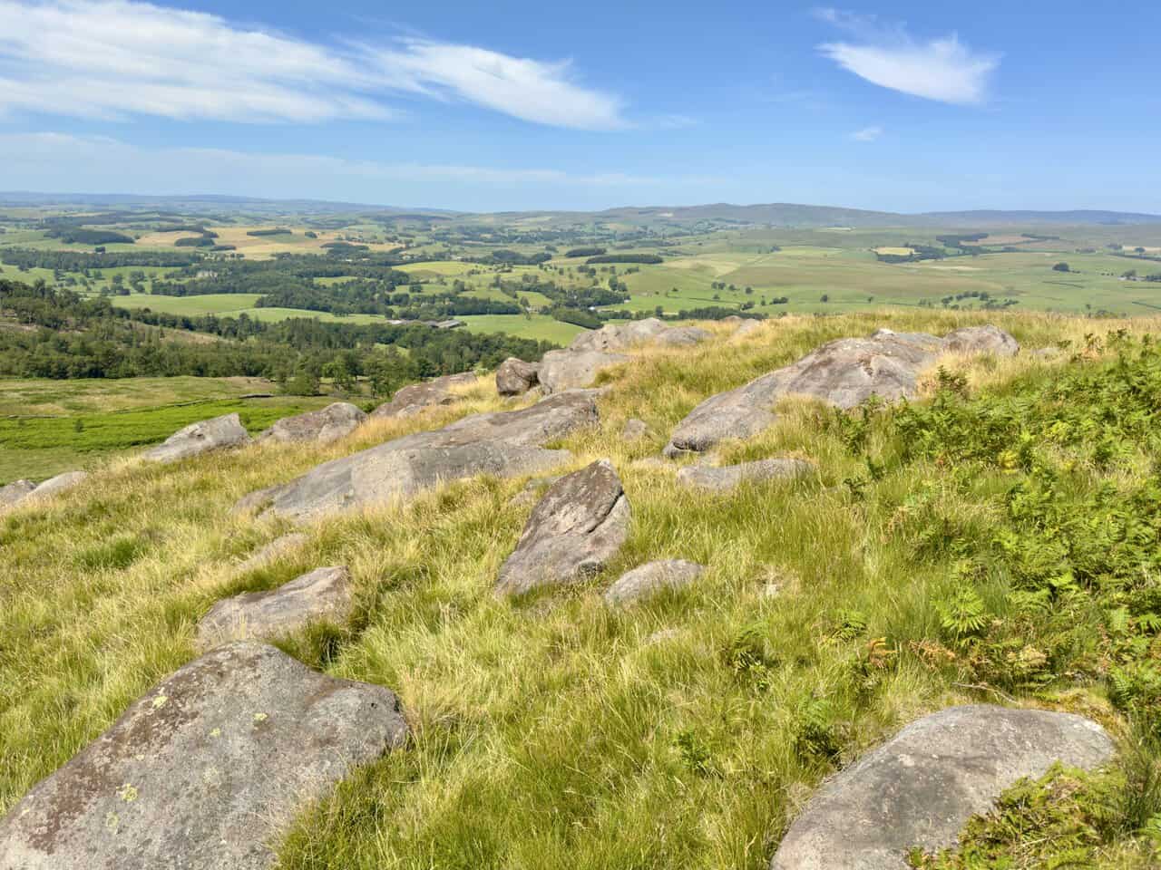 Weathered gritstone boulders scattered across the broad summit of Rough Haw.