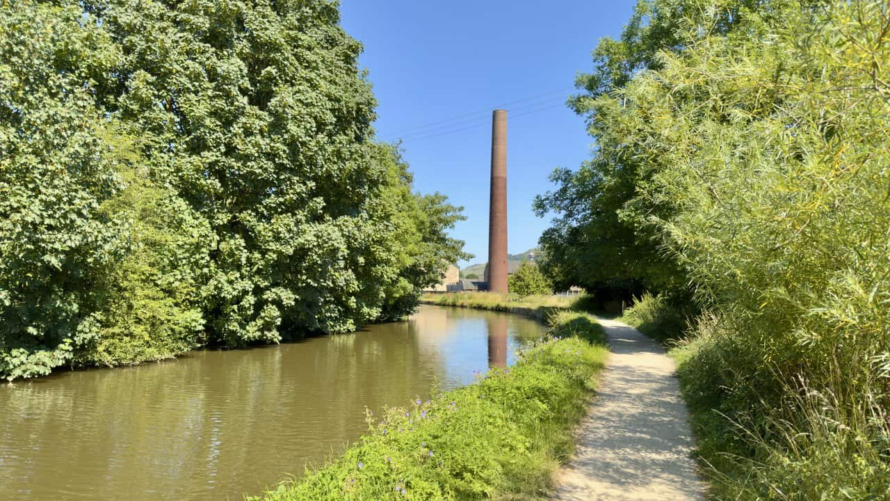 Tall brick chimney beside the Leeds and Liverpool Canal near the end of the Skipton walk.